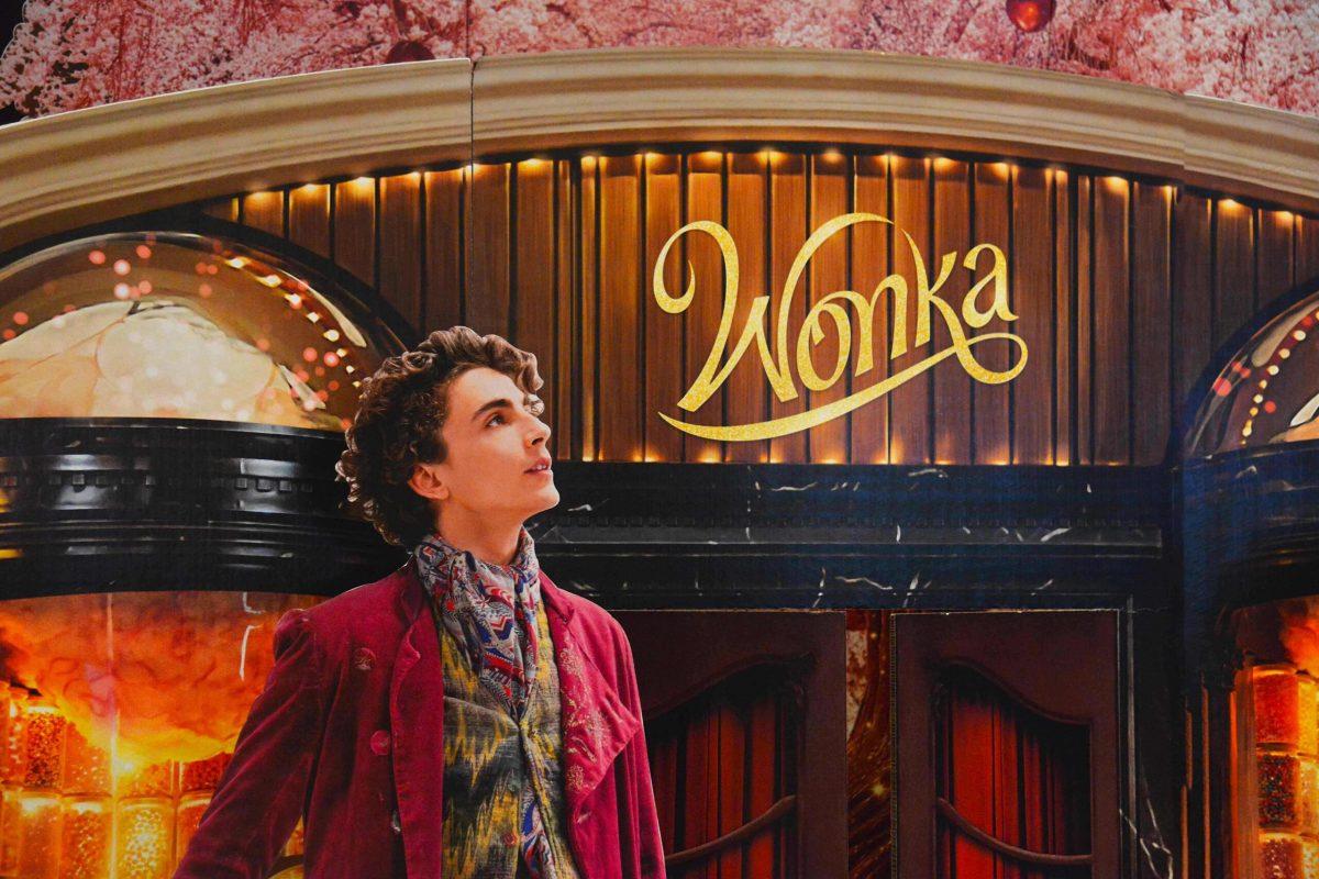 Bangkok, Thailand - November 11, 2023: Standee of musical fantasy movie Wonka displays at the theater. It is a story of Willy Wonka from a novel Charlie and the Chocolate Factory by Roald Dahl.