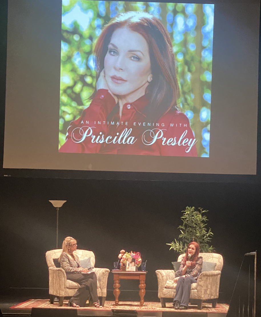 Priscilla Presley giving her interview on stage